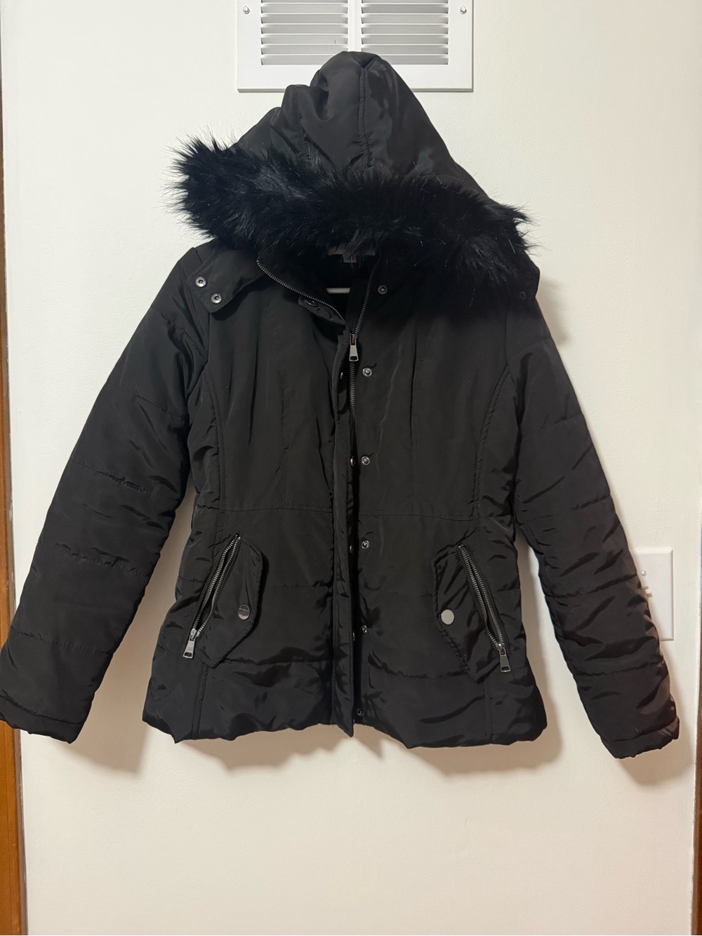 New York & Company Black Hooded Puffer with Faux Fur Trim